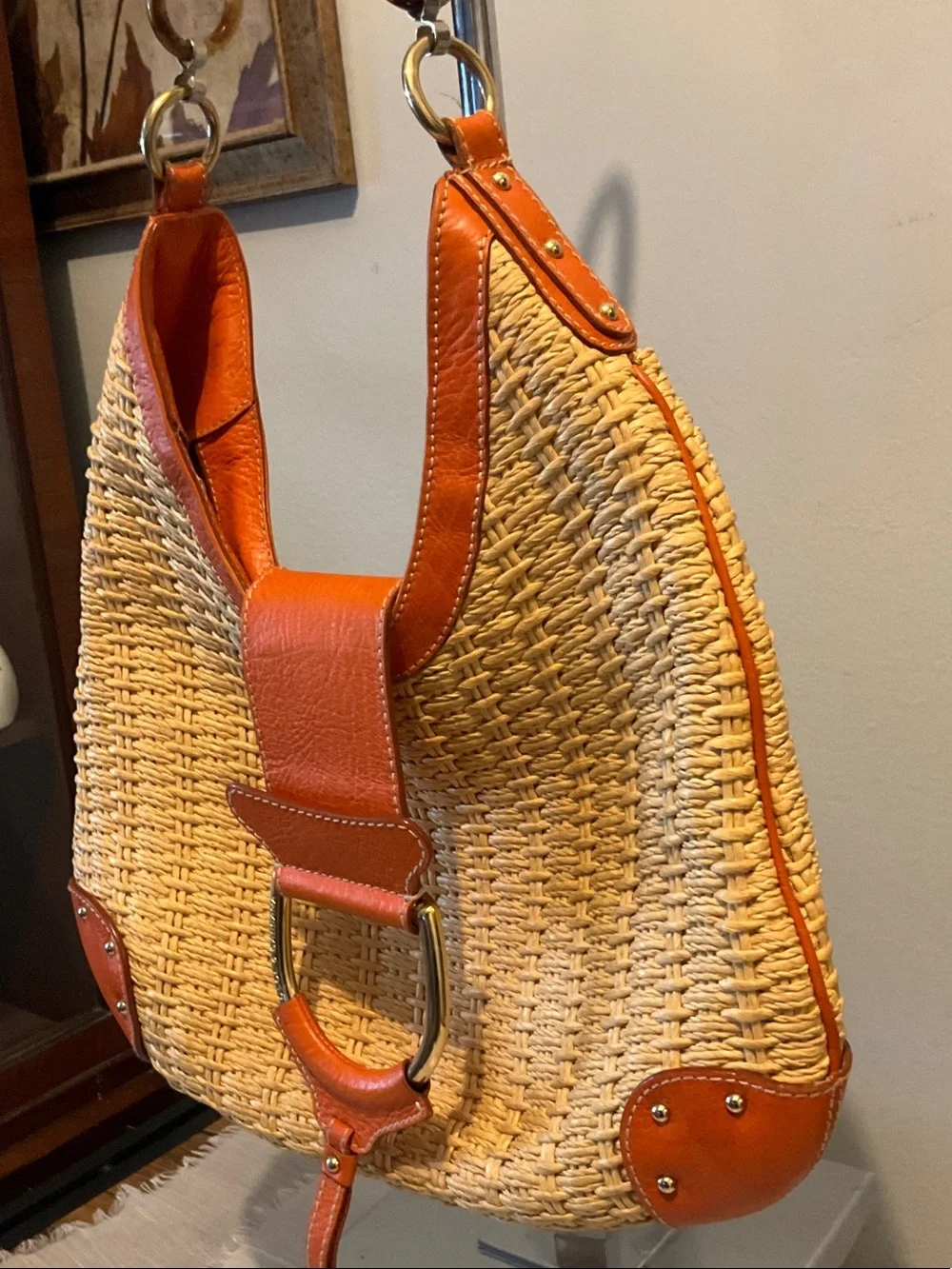 Dolce& Gabbana Vtg.Woven Straw Shoulder Bag with Orange Leather Trim - Picture 4 of 12